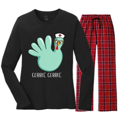 Turkey Glove Gobble Thanksgiving Fall Thankful Nurse Medical Women's Long Sleeve Flannel Pajama Set 