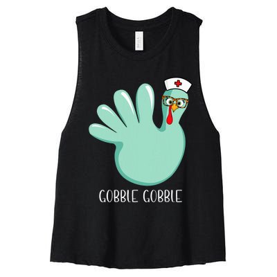 Turkey Glove Gobble Thanksgiving Fall Thankful Nurse Medical Women's Racerback Cropped Tank