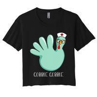 Turkey Glove Gobble Thanksgiving Fall Thankful Nurse Medical Women's Crop Top Tee