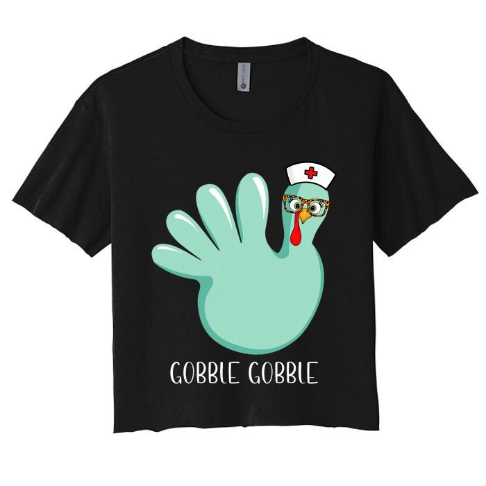 Turkey Glove Gobble Thanksgiving Fall Thankful Nurse Medical Women's Crop Top Tee