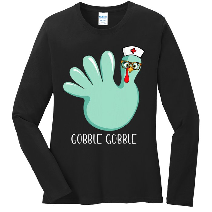 Turkey Glove Gobble Thanksgiving Fall Thankful Nurse Medical Ladies Long Sleeve Shirt