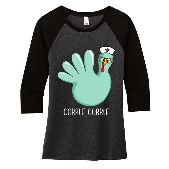 Turkey Glove Gobble Thanksgiving Fall Thankful Nurse Medical Women's Tri-Blend 3/4-Sleeve Raglan Shirt