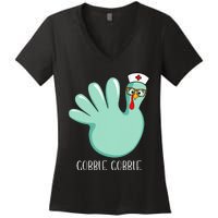 Turkey Glove Gobble Thanksgiving Fall Thankful Nurse Medical Women's V-Neck T-Shirt