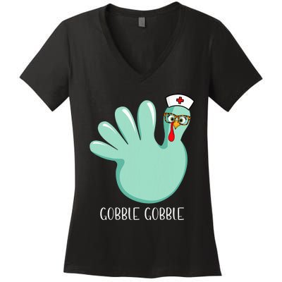 Turkey Glove Gobble Thanksgiving Fall Thankful Nurse Medical Women's V-Neck T-Shirt