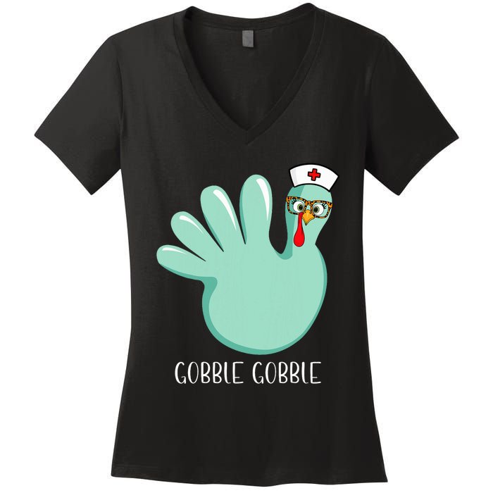 Turkey Glove Gobble Thanksgiving Fall Thankful Nurse Medical Women's V-Neck T-Shirt