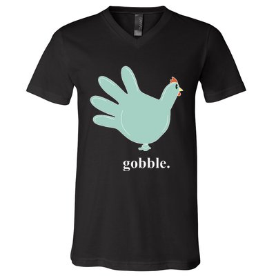 Turkey Glove Gobble Thanksgiving Thankful Nurse V-Neck T-Shirt