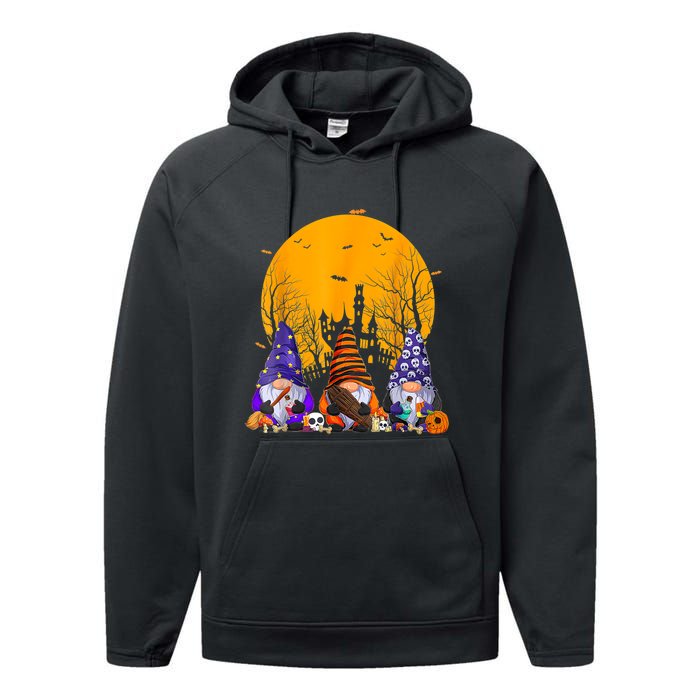 Three Gnomes Happy Halloween Fall Candy Corn Pumpkin Gnome Performance Fleece Hoodie