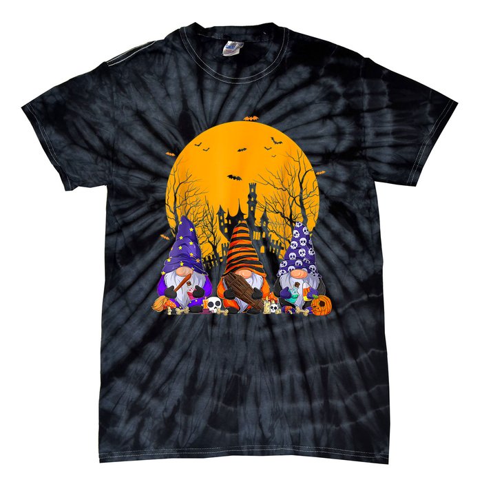 Three Gnomes Happy Halloween Fall Candy Corn Pumpkin Gnome Tie-Dye T-Shirt