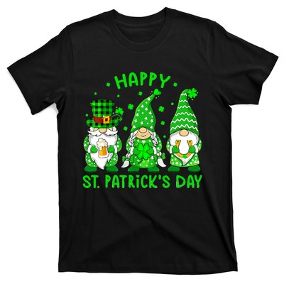 Three Gnomes Holding Shamrock Leopard Plaid St Patrick's Day T-Shirt