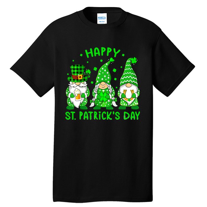 Three Gnomes Holding Shamrock Leopard Plaid St Patrick's Day Tall T-Shirt