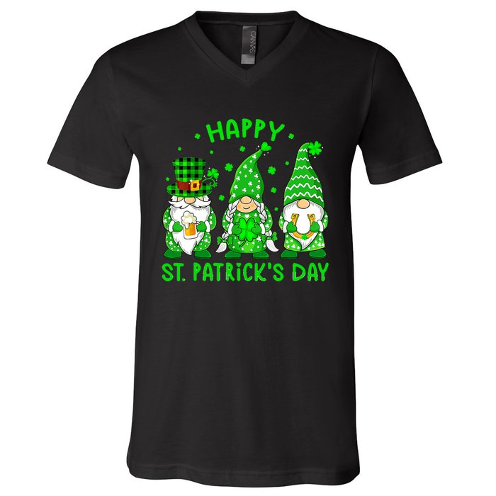 Three Gnomes Holding Shamrock Leopard Plaid St Patrick's Day V-Neck T-Shirt