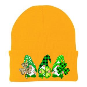 Three Gnomes Holding Shamrock Plaid Leopard St Patrick's Day Knit Cap Winter Beanie