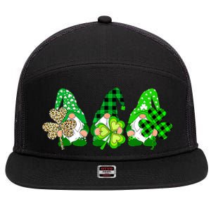 Three Gnomes Holding Shamrock Plaid Leopard St Patrick's Day 7 Panel Mesh Trucker Snapback Hat