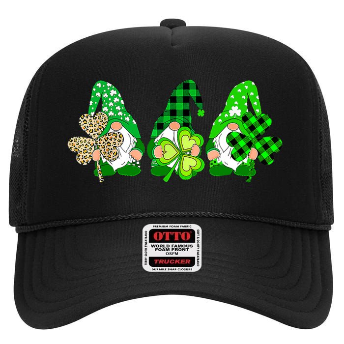 Three Gnomes Holding Shamrock Plaid Leopard St Patrick's Day High Crown Mesh Back Trucker Hat