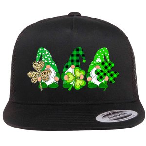 Three Gnomes Holding Shamrock Plaid Leopard St Patrick's Day Flat Bill Trucker Hat