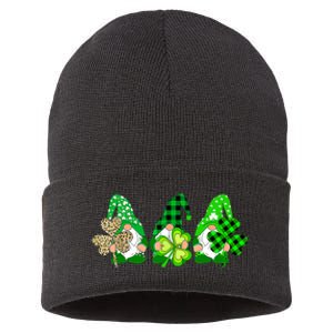 Three Gnomes Holding Shamrock Plaid Leopard St Patrick's Day Sustainable Knit Beanie