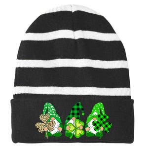 Three Gnomes Holding Shamrock Plaid Leopard St Patrick's Day Striped Beanie with Solid Band