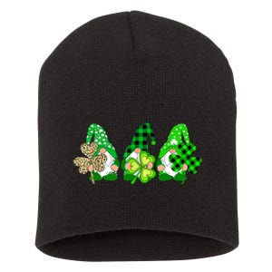 Three Gnomes Holding Shamrock Plaid Leopard St Patrick's Day Short Acrylic Beanie