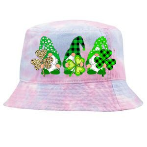 Three Gnomes Holding Shamrock Plaid Leopard St Patrick's Day Tie-Dyed Bucket Hat