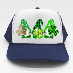 Three Gnomes Holding Shamrock Plaid Leopard St Patrick's Day Trucker Hat