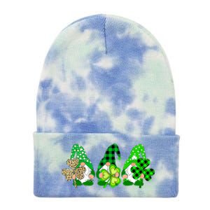 Three Gnomes Holding Shamrock Plaid Leopard St Patrick's Day Tie Dye 12in Knit Beanie