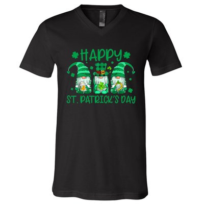 Three Gnomes Holding Shamrock Leopard Plaid St Patrick's Day V-Neck T-Shirt