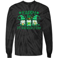 Three Gnomes Holding Shamrock Leopard Plaid St Patrick's Day Tie-Dye Long Sleeve Shirt