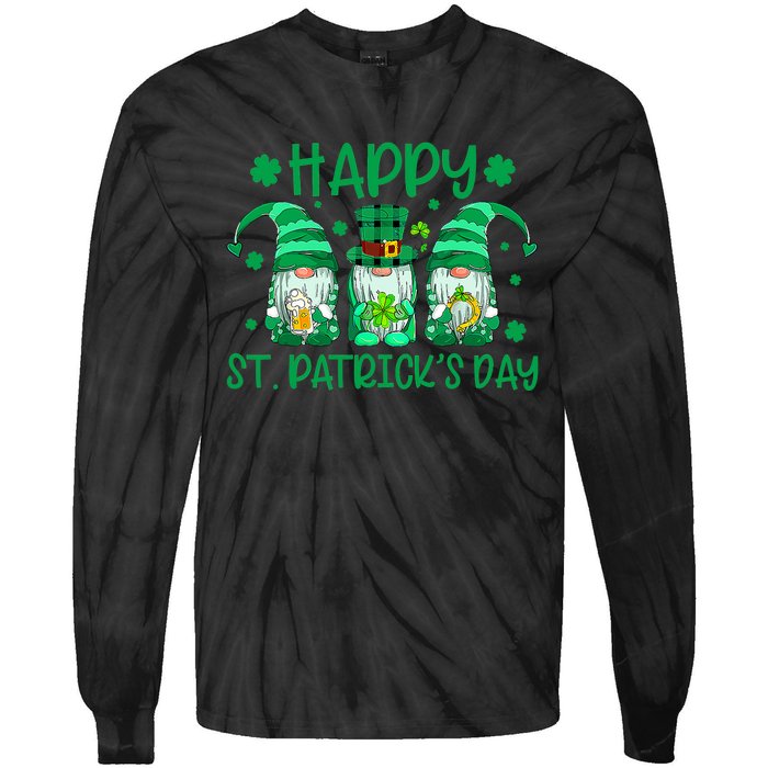 Three Gnomes Holding Shamrock Leopard Plaid St Patrick's Day Tie-Dye Long Sleeve Shirt