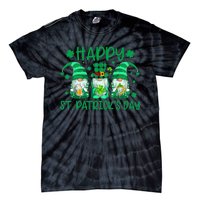 Three Gnomes Holding Shamrock Leopard Plaid St Patrick's Day Tie-Dye T-Shirt