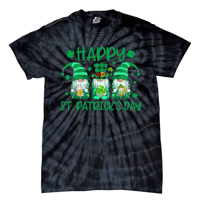 Three Gnomes Holding Shamrock Leopard Plaid St Patrick's Day Tie-Dye T-Shirt