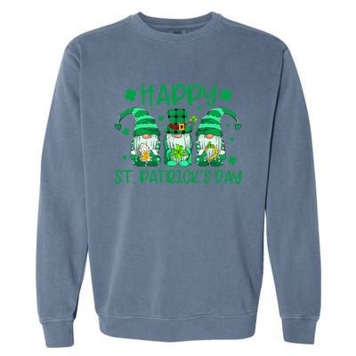 Three Gnomes Holding Shamrock Leopard Plaid St Patrick's Day Garment-Dyed Sweatshirt