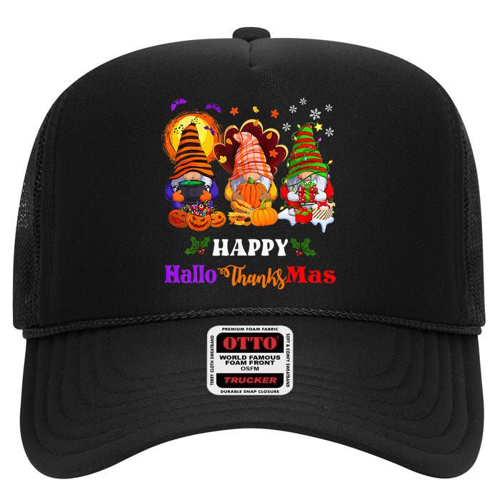 Three Gnomes Halloween Merry Christmas Happy Hallothanksmas High Crown Mesh Back Trucker Hat