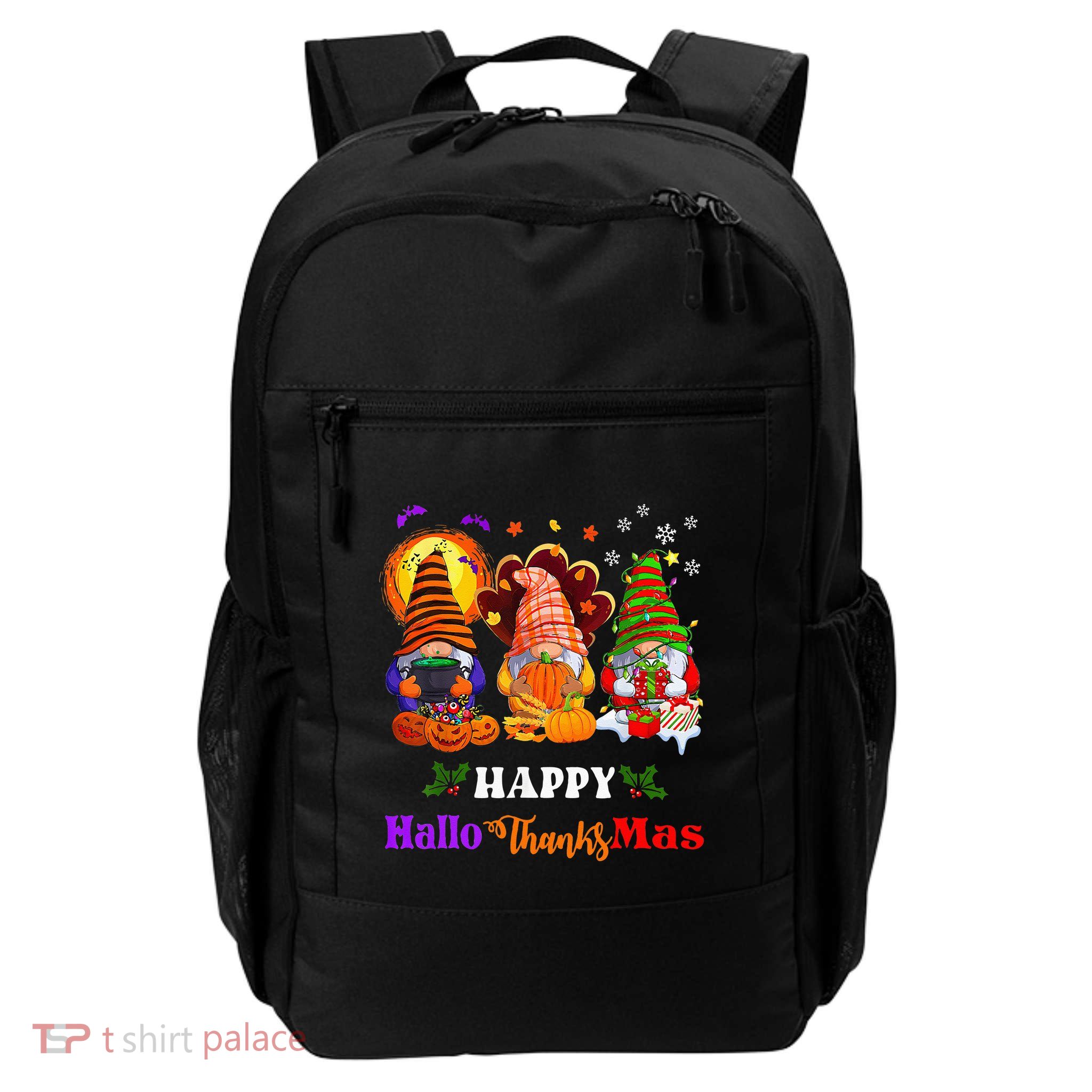 Three Gnomes Halloween Merry Christmas Happy Hallothanksmas Backpack