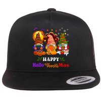 Three Gnomes Halloween Merry Christmas Happy Hallothanksmas Flat Bill Trucker Hat