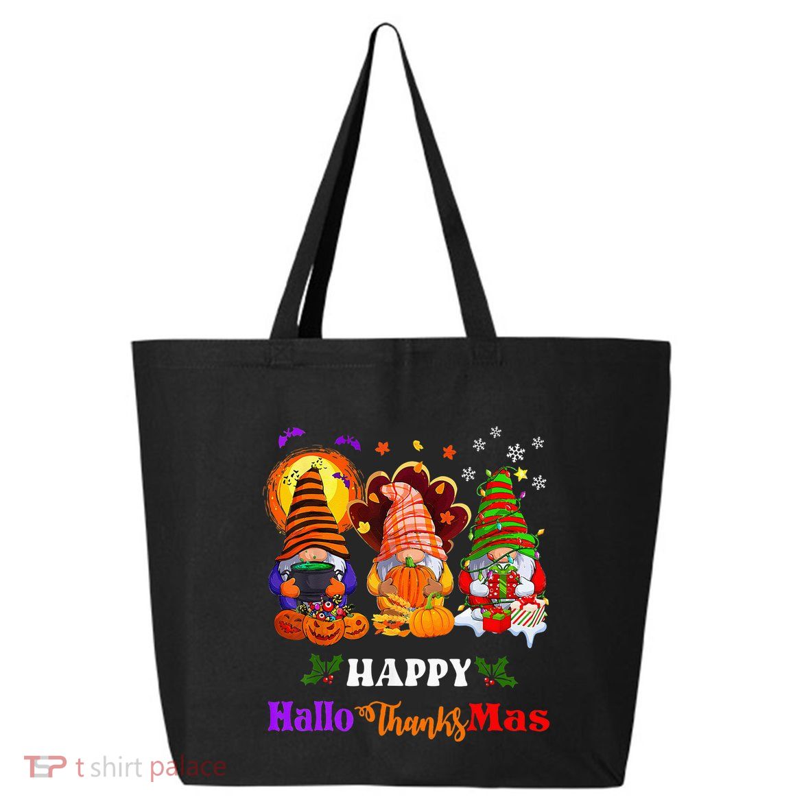 Three Gnomes Halloween Merry Christmas Happy Hallothanksmas 25L Jumbo Tote