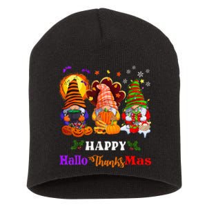 Three Gnomes Halloween Merry Christmas Happy Hallothanksmas Short Acrylic Beanie