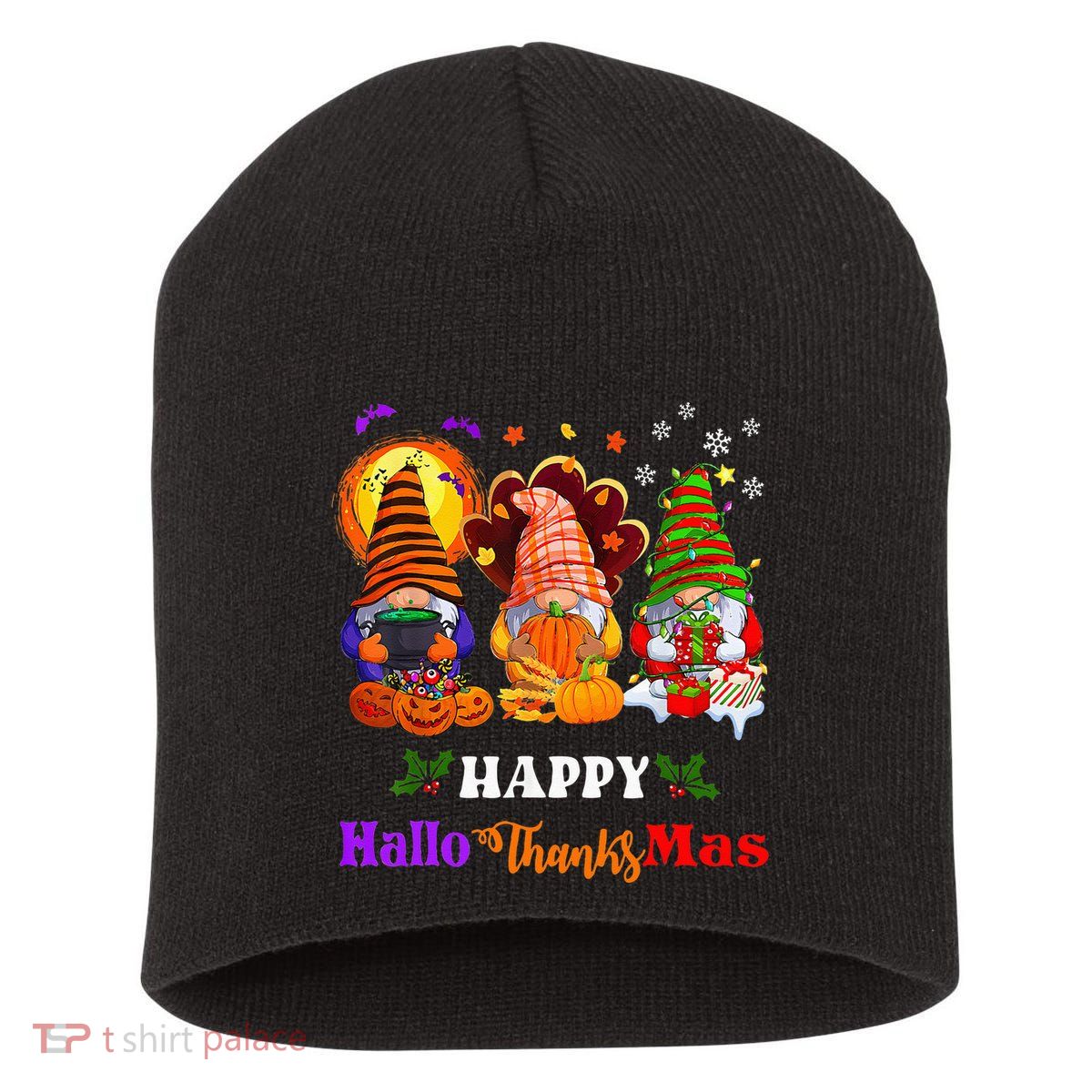 Three Gnomes Halloween Merry Christmas Happy Hallothanksmas Short Acrylic Beanie