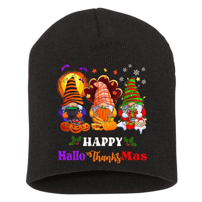 Three Gnomes Halloween Merry Christmas Happy Hallothanksmas Short Acrylic Beanie