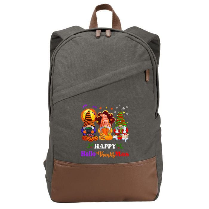 Three Gnomes Halloween Merry Christmas Happy Hallothanksmas Cotton Canvas Backpack