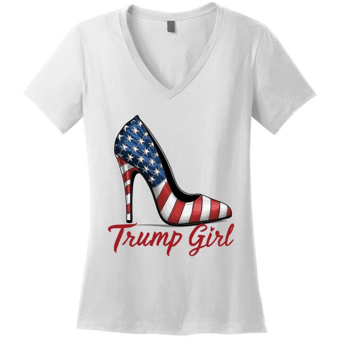 Trump Girl High Heel Stilettos American Flag Trump 2024 Women's V-Neck T-Shirt