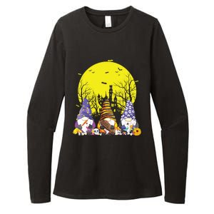 Three Gnomes Happy Halloween Fall Candy Corn Pumpkin Gnome Womens CVC Long Sleeve Shirt