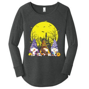 Three Gnomes Happy Halloween Fall Candy Corn Pumpkin Gnome Women's Perfect Tri Tunic Long Sleeve Shirt