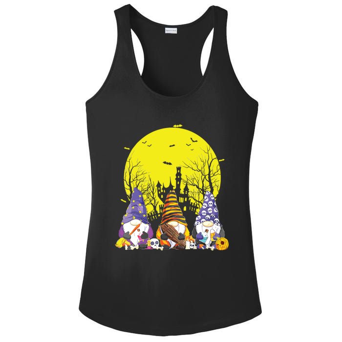 Three Gnomes Happy Halloween Fall Candy Corn Pumpkin Gnome Ladies PosiCharge Competitor Racerback Tank