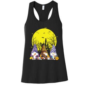 Three Gnomes Happy Halloween Fall Candy Corn Pumpkin Gnome Women's Racerback Tank