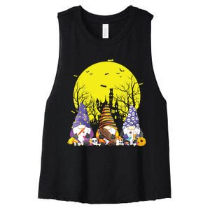 Three Gnomes Happy Halloween Fall Candy Corn Pumpkin Gnome Women's Racerback Cropped Tank