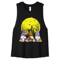 Three Gnomes Happy Halloween Fall Candy Corn Pumpkin Gnome Women's Racerback Cropped Tank