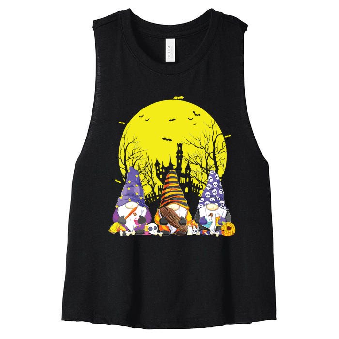 Three Gnomes Happy Halloween Fall Candy Corn Pumpkin Gnome Women's Racerback Cropped Tank