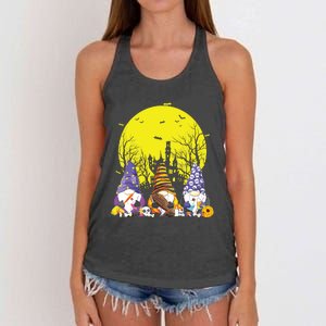 Three Gnomes Happy Halloween Fall Candy Corn Pumpkin Gnome Women's Knotted Racerback Tank