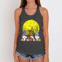 Three Gnomes Happy Halloween Fall Candy Corn Pumpkin Gnome Women's Knotted Racerback Tank