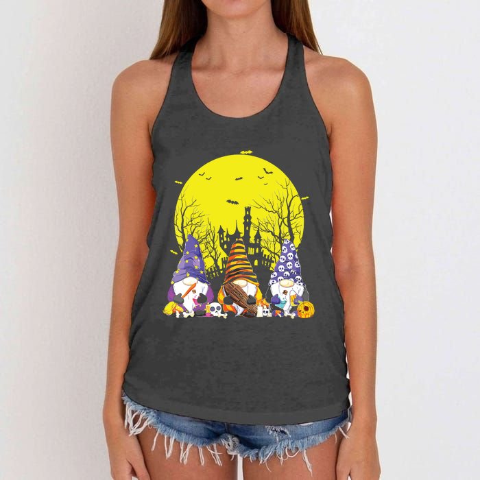 Three Gnomes Happy Halloween Fall Candy Corn Pumpkin Gnome Women's Knotted Racerback Tank